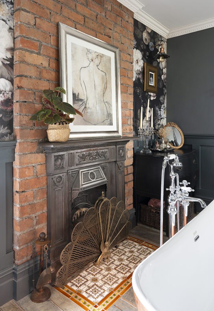 RESTORE AND REFRESH
Layers of paint have been stripped from the fireplace to return it to metal and original tiles from another bedroom have been cleaned and relaid in the hearth to give a splash of colour, while the surface has been knocked off the chimney breast and the whole lot cleaned and sealed for an attractive exposed brickwork look.