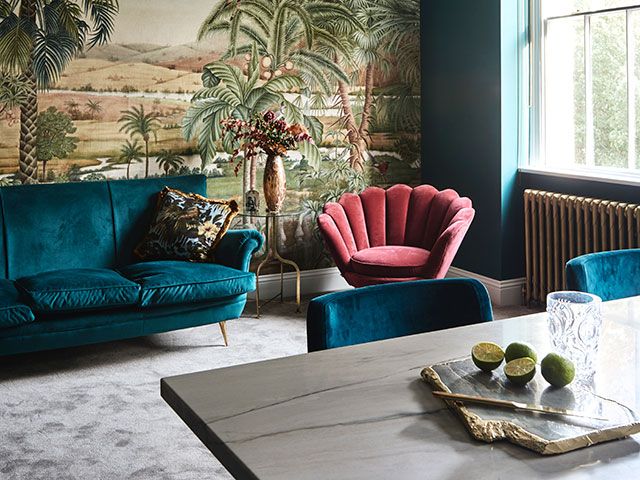 Luxury kitchen in London apartment with wall mural and velvet chairs - home tour - 