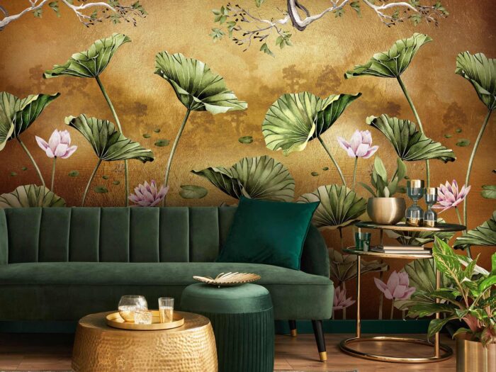 Gold wallpaper with waterlilies
